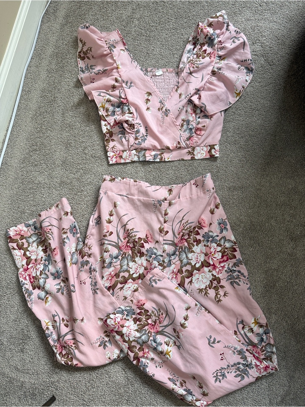 SHEIN Pink Floral Ruffle Two-Piece Matching Set NWOT